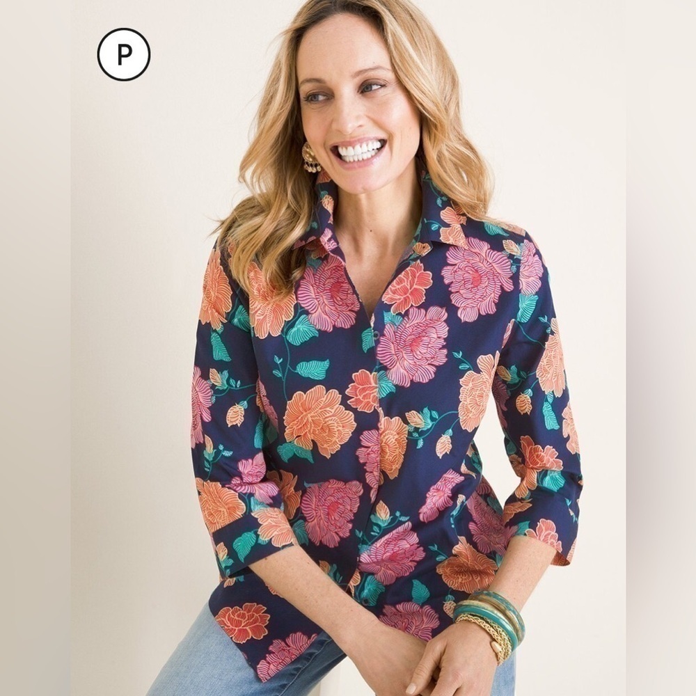 Chicos No-Iron Petite Cotton Textural Fleur Stain Shield Shirt